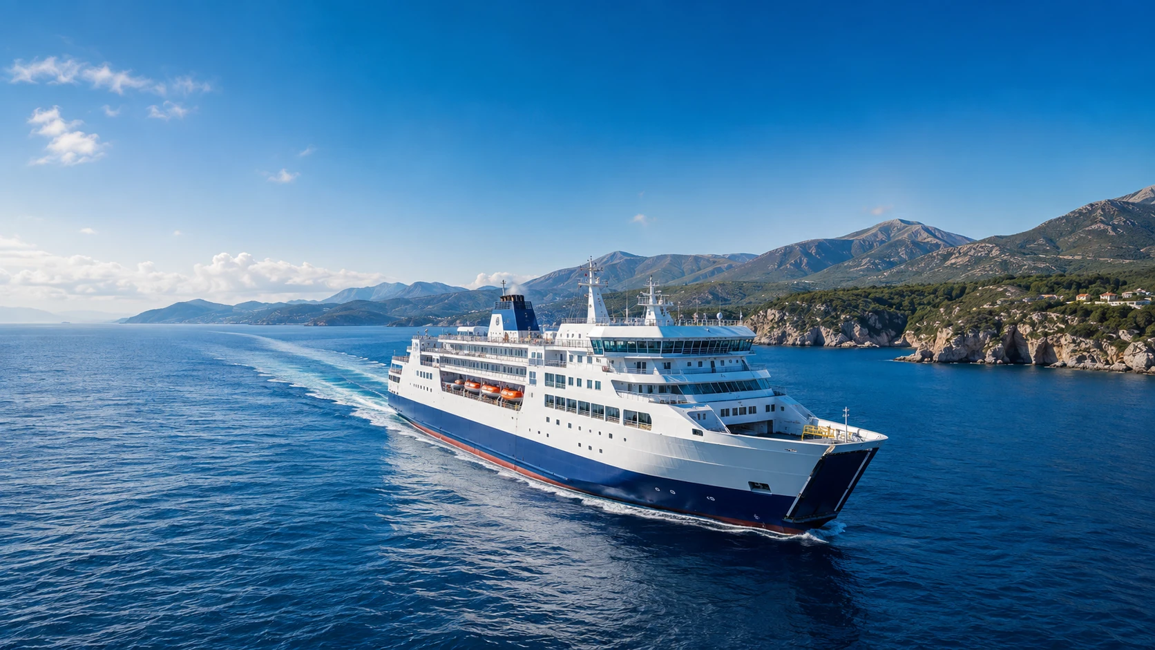 Ferry a navegar junto a uma paisagem costeira europeia