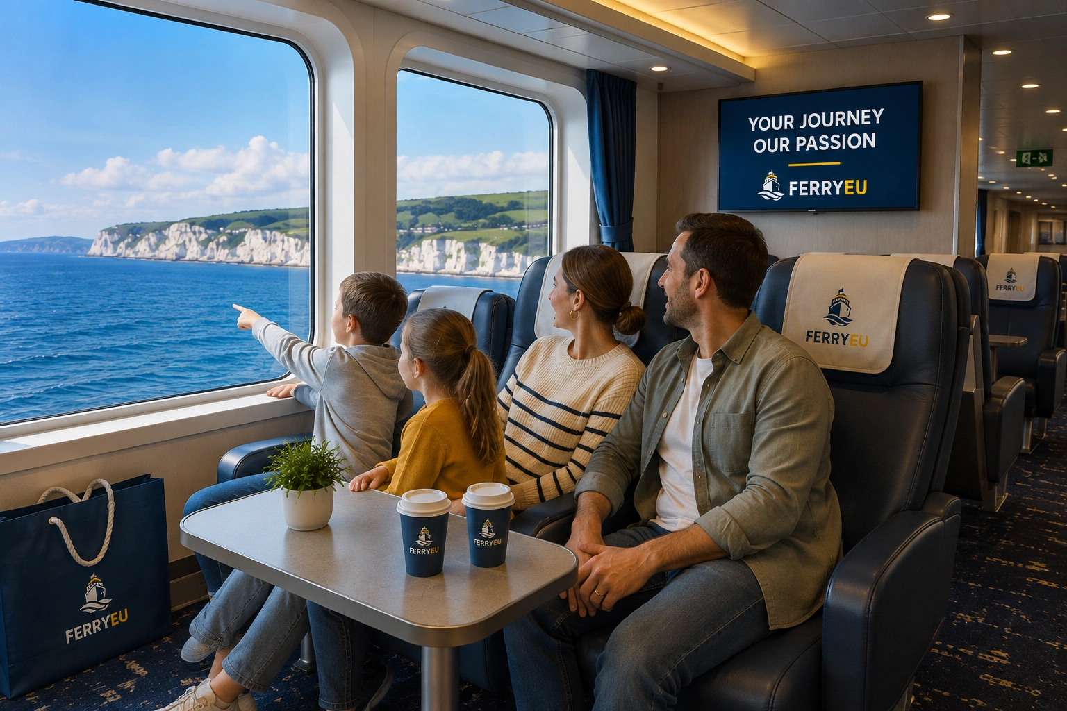 Família a relaxar durante uma travessia de ferry na Europa