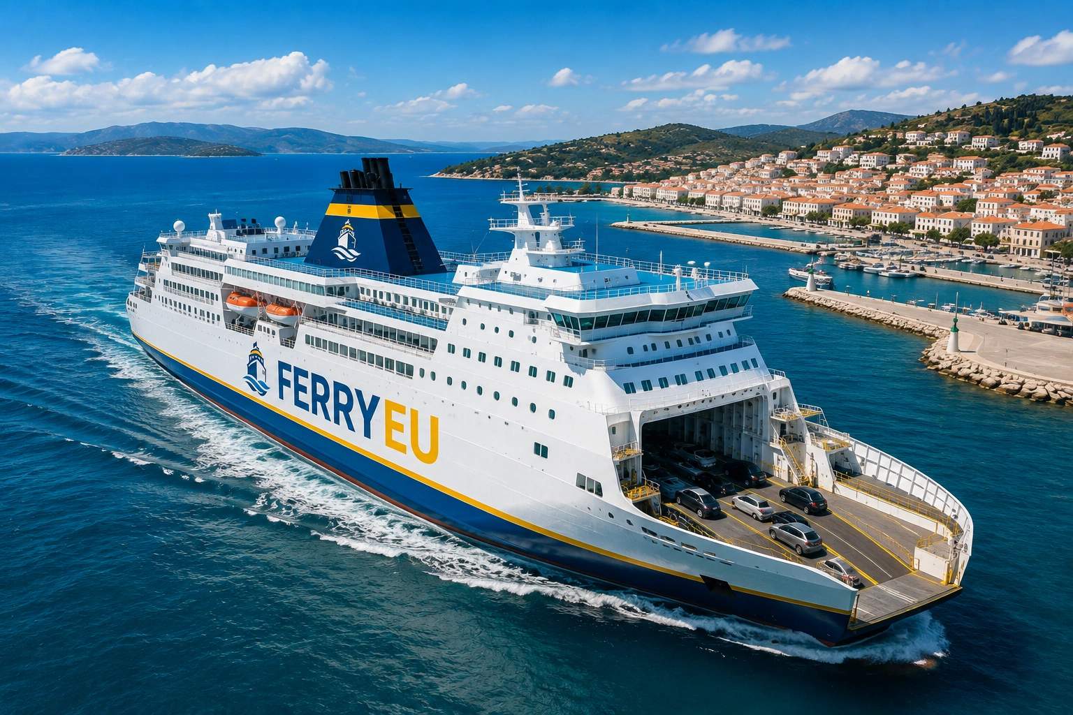 Ferry de passageiros a navegar junto a um porto costeiro europeu