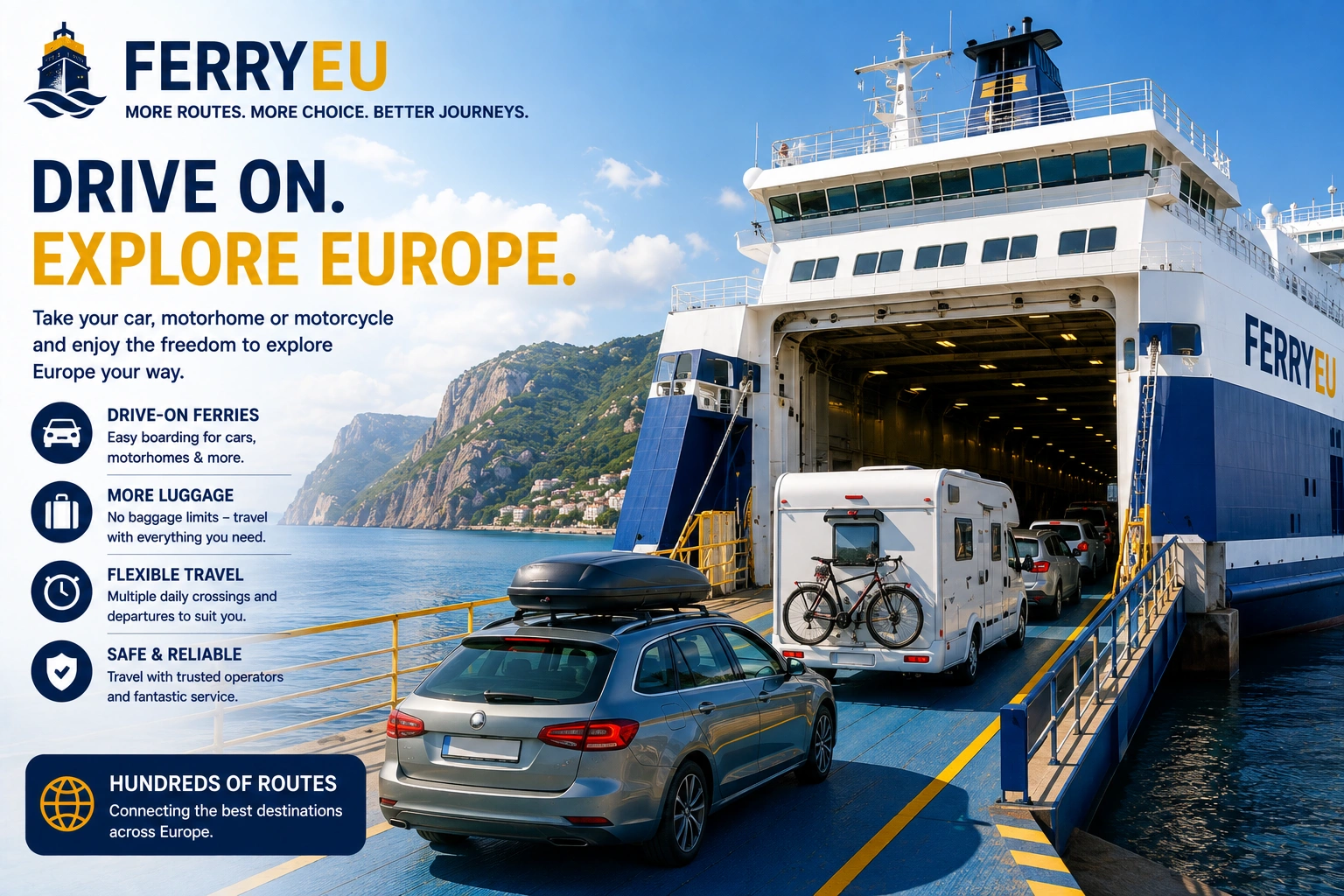 Viagem de ferry com veículo para continuar uma viagem por estrada na Europa