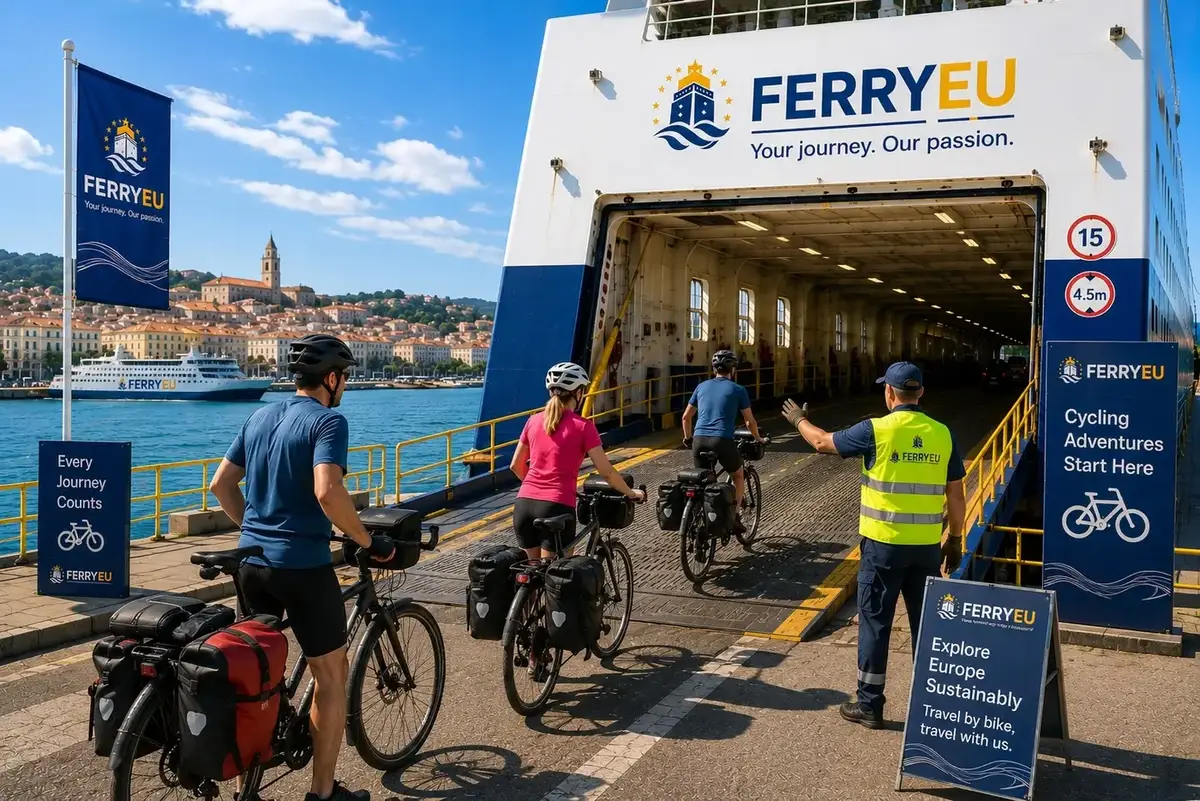 Viajante com uma bicicleta junto a um ferry
