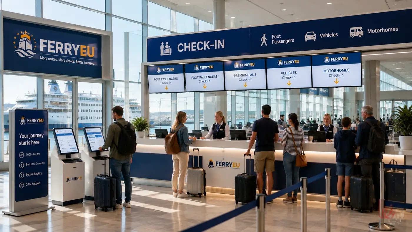 Balcões de check-in num terminal de ferry