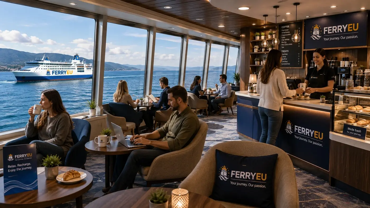 Café e lounge a bordo de um ferry