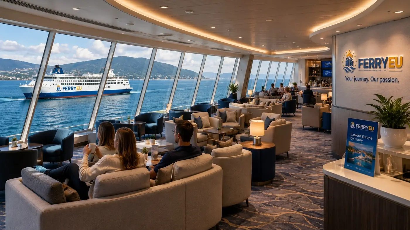 Salão panorâmico para passageiros a bordo de um ferry