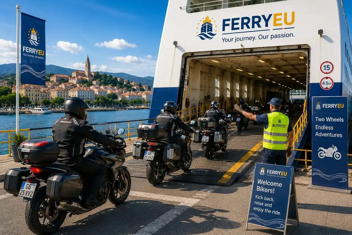 Motociclo a embarcar num ferry
