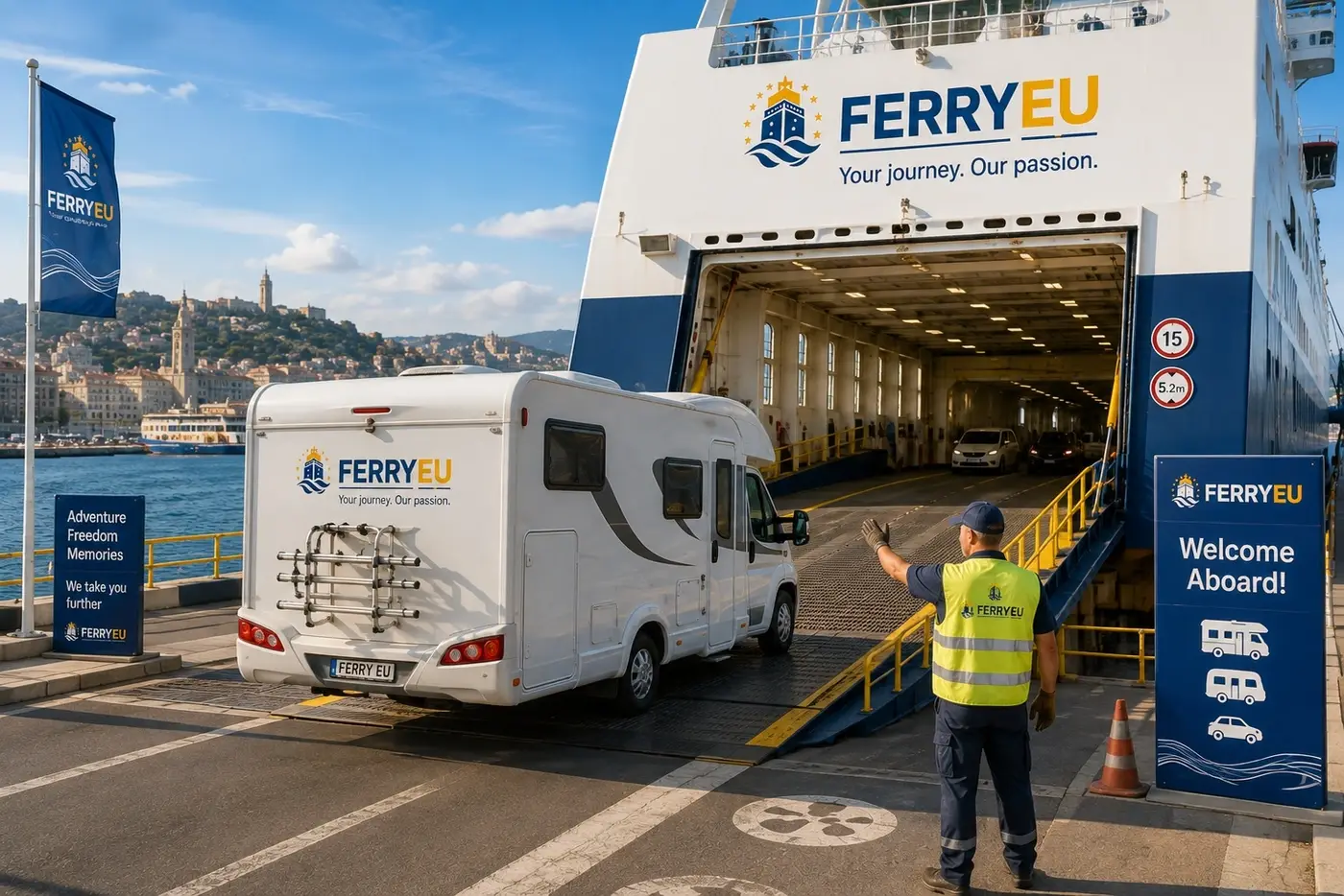 Autocaravana a embarcar num ferry