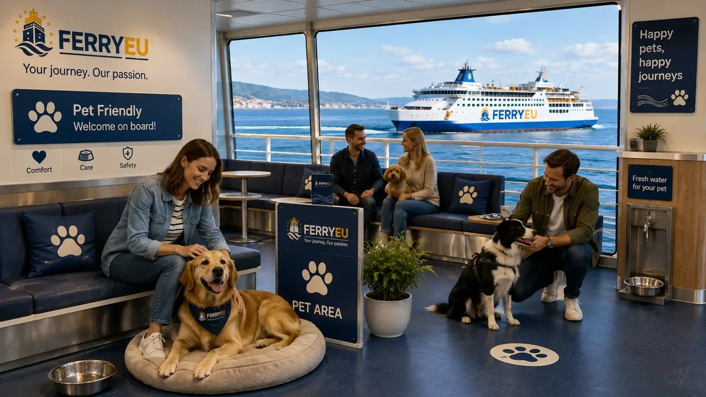 Passageiro a viajar com um animal de estimação num ferry