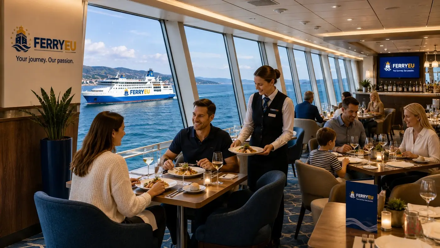 Restaurante a bordo de um ferry com vista para o mar