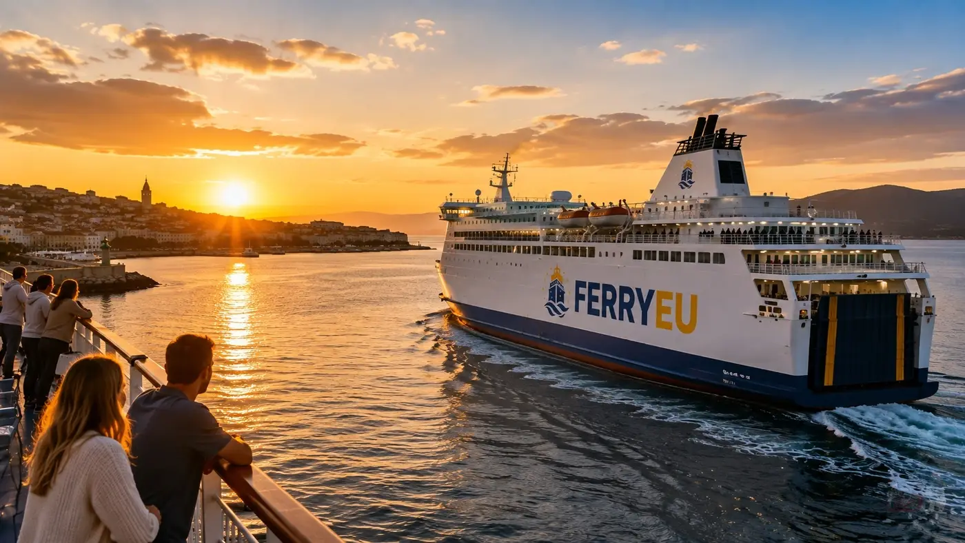 Partida ilustrativa de ferry para uma ilha grega