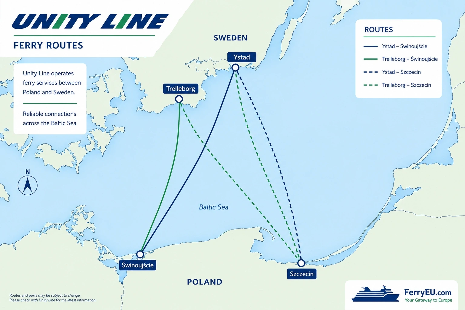 Mapa ilustrativo das rotas da Unity Line