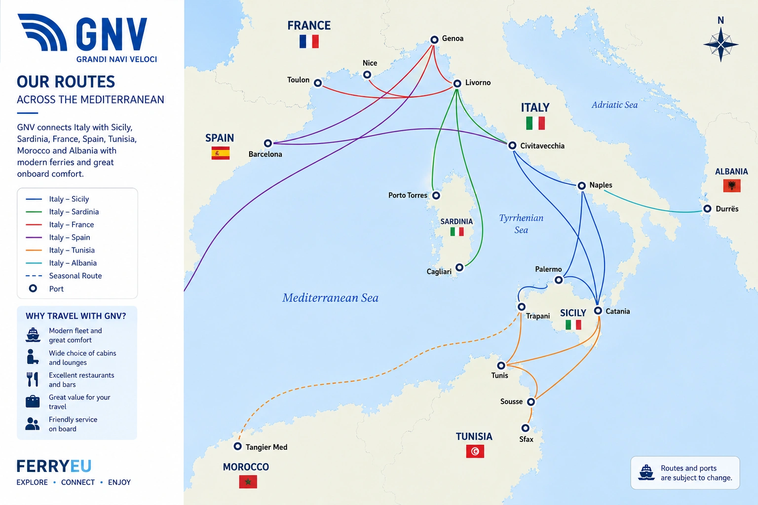 Mapa de rotas de Grandi Navi Veloci (GNV)