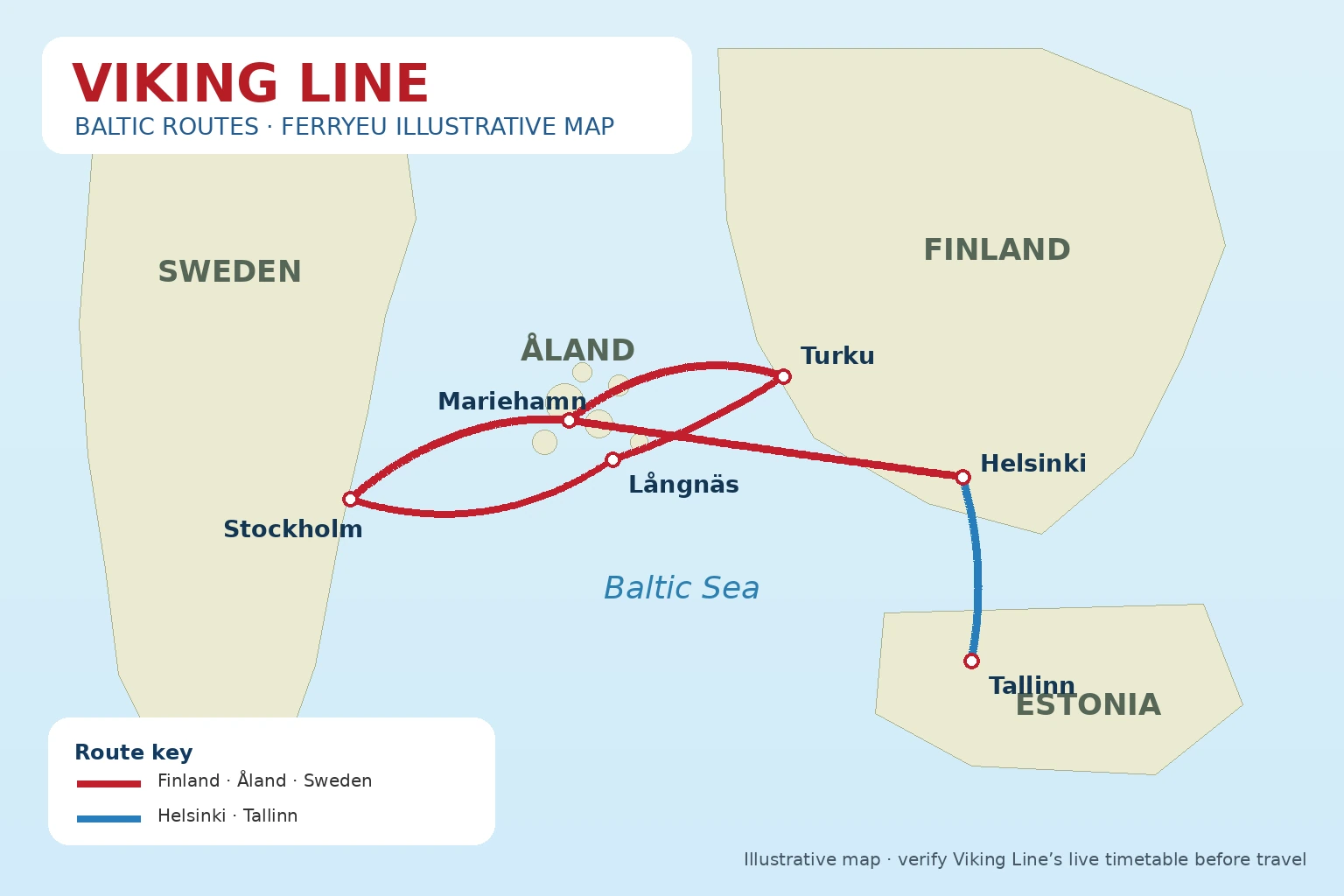 Mapa ilustrado das rotas de ferry Viking Line no Báltico