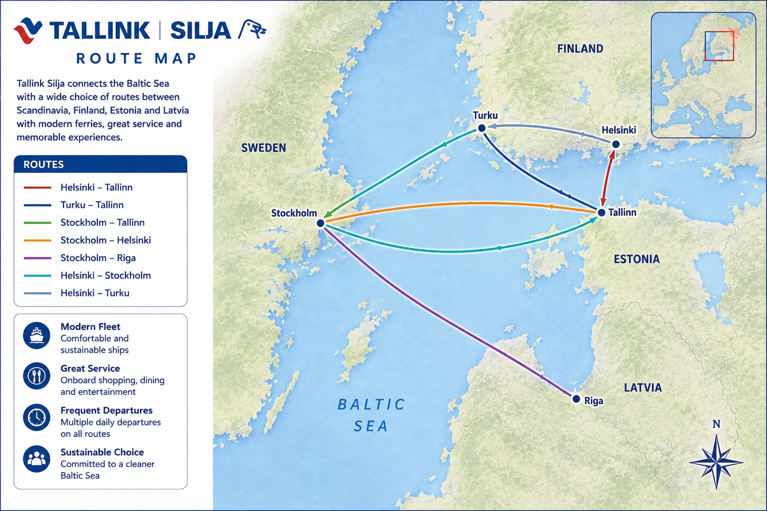 Mapa ilustrado das rotas Tallink Silja Line
