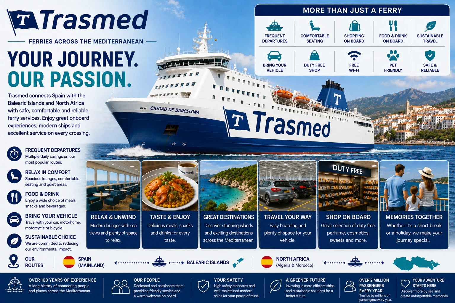 Ferry de passageiros e veículos da Trasmed a navegar para as Ilhas Baleares